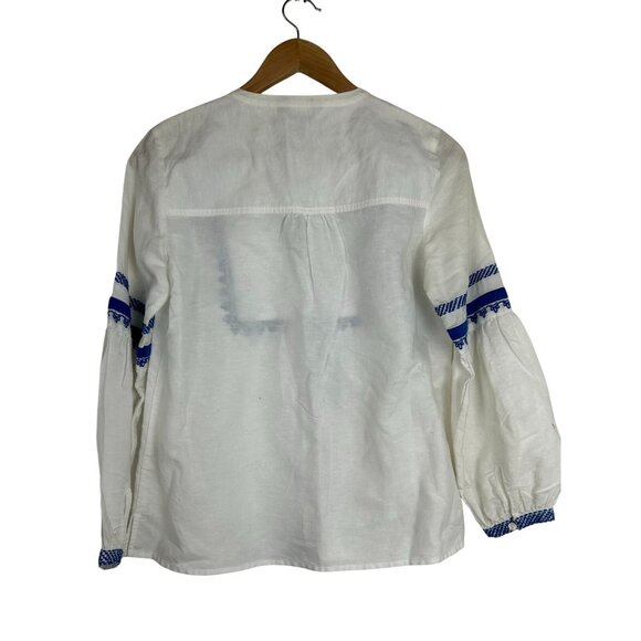 J Crew Tunic Blouse Women's Size 2 White Blue Embroidered Tassel Linen Blend - Picture 2 of 15